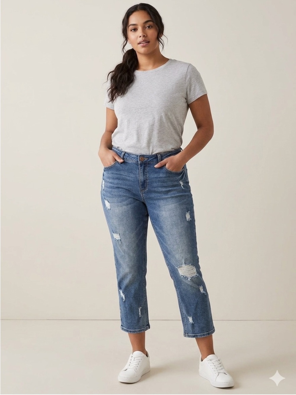 Cropped Distressed Women's Jeans in Dark Blue